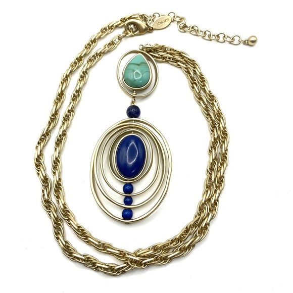 CHICO'S Long Turquoise Blue Gold Tone Long Necklace - Picture 2 of 7